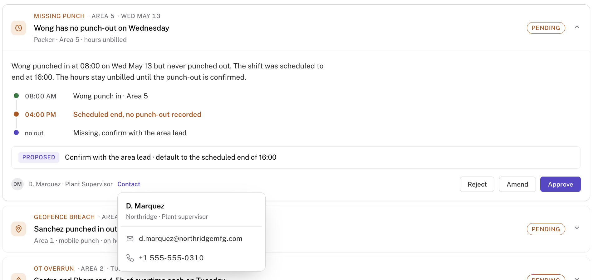 Missing clock-out exception with recorded punch-in, proposed correction, supervisor contact details, and reject, amend, and approve actions